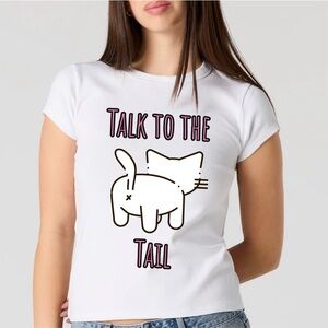 “Talk to the Tail” Cat Graphic T–Shirt – Cotton Short Sleeve Crewneck – White